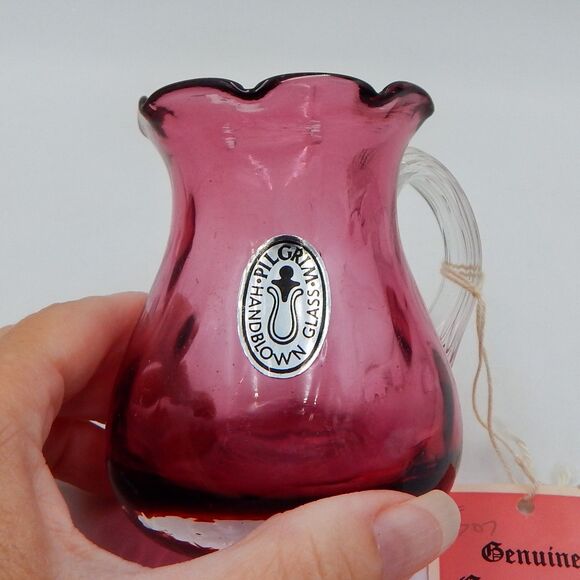 Pilgrim Glass Handblown Cranberry Vase Pitcher Applied Clear Handle 4 Inch Tags - Picture 3 of 13